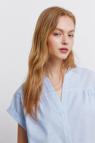 S/S Linen Mao Collar Blouse.
