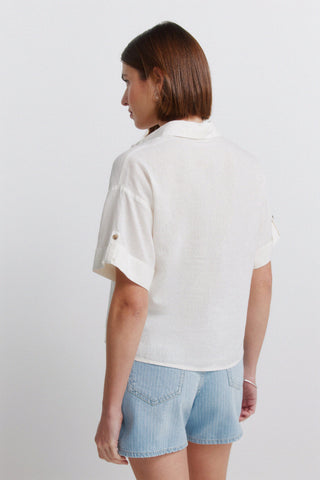 S/S Linen Flared Shirt.