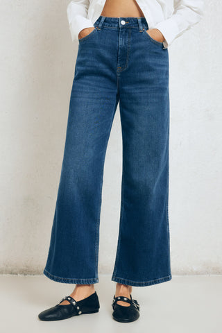 Jeans Culotte Talle Alto con Bolsillos