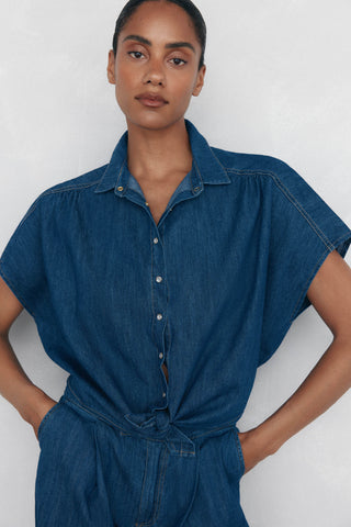 Camisa Denim Manga Corta con Lazo