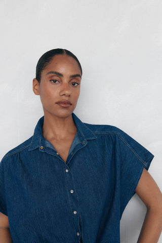 Camisa Denim Manga Corta con Lazo