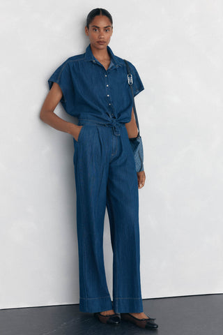 Camisa Denim Manga Corta con Lazo