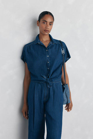 Camisa Denim Manga Corta con Lazo