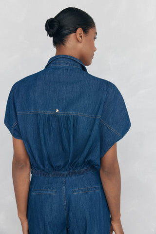 Camisa Denim Manga Corta con Lazo