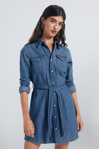 Vestido Denim Manga Larga con Cinturón