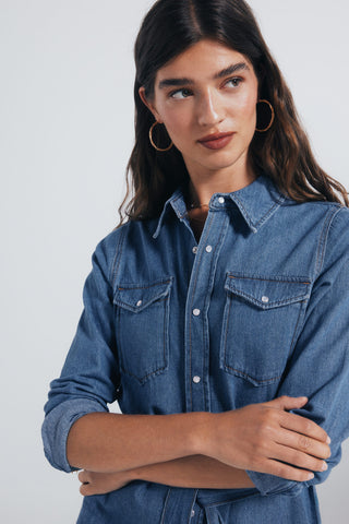 Vestido Denim Manga Larga con Cinturón