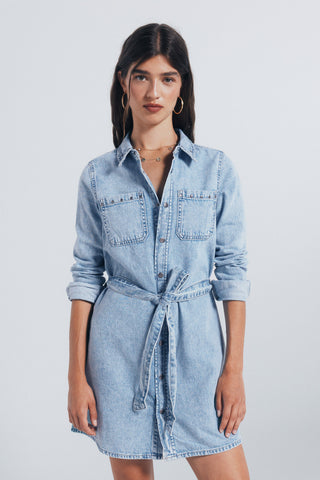 Vestido Denim Manga Larga con Tachuelas
