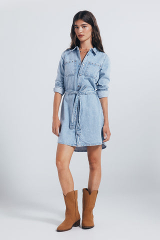 Vestido Denim Manga Larga con Tachuelas