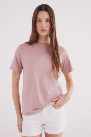 Camiseta Manga Corta con Detalle Perlas