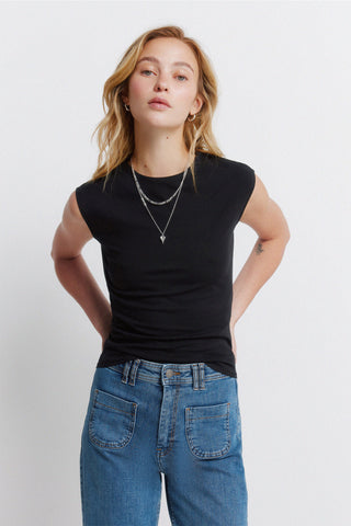 Sleeveless Padded Shoulder Tee.