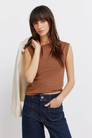 Sleeveless Padded Shoulder Tee.
