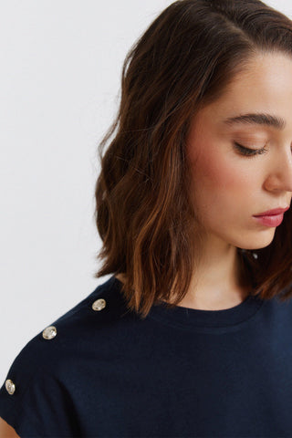 S/S Buttoned Shoulder T-Shirt.
