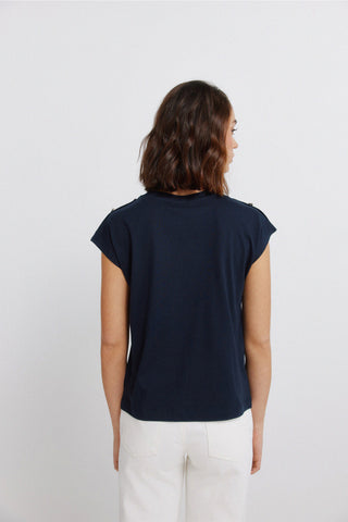 S/S Buttoned Shoulder T-Shirt.