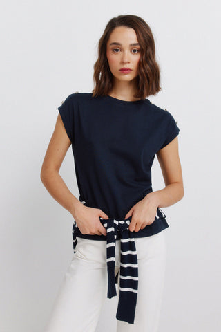 S/S Buttoned Shoulder T-Shirt.