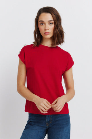 S/S Buttoned Shoulder T-Shirt.