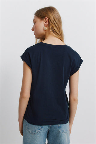 S/S Embroidered Shoulder T-Shirt.