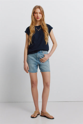S/S Embroidered Shoulder T-Shirt.