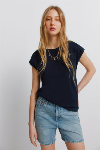 S/S Embroidered Shoulder T-Shirt.