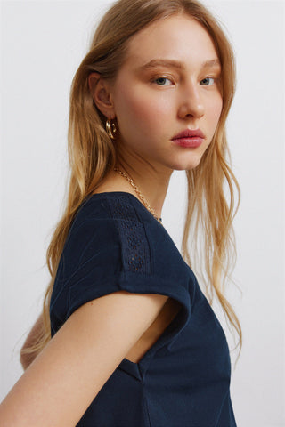 S/S Embroidered Shoulder T-Shirt.