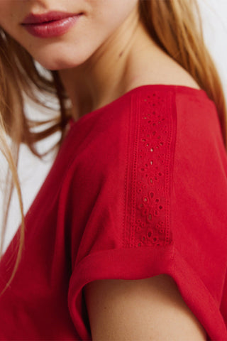 S/S Embroidered Shoulder T-Shirt.