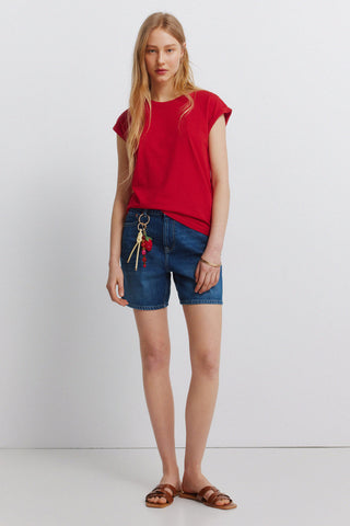 S/S Embroidered Shoulder T-Shirt.