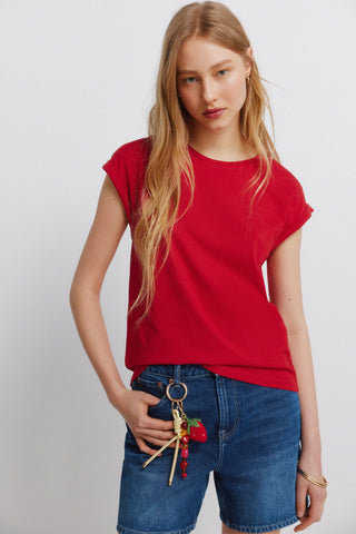S/S Embroidered Shoulder T-Shirt.