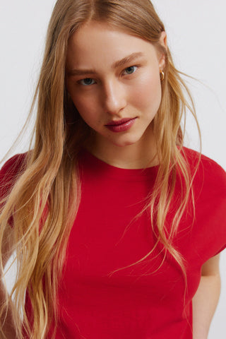S/S Embroidered Shoulder T-Shirt.