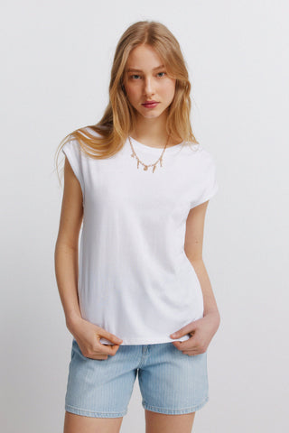 S/S Embroidered Shoulder T-Shirt.