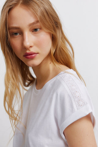 S/S Embroidered Shoulder T-Shirt.