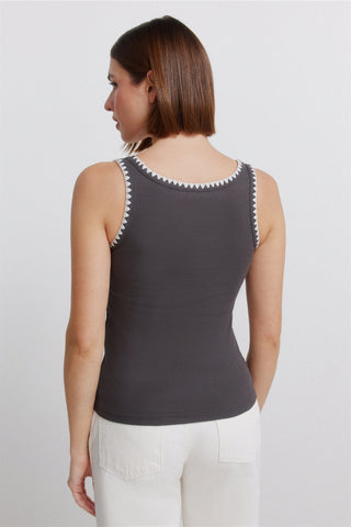 Sleeveless Embroidered Strap Top.