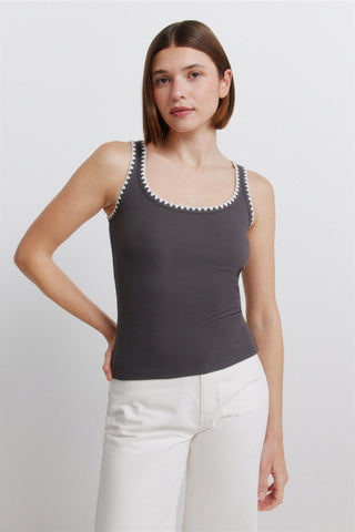 Sleeveless Embroidered Strap Top.