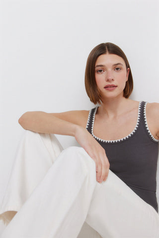 Sleeveless Embroidered Strap Top.