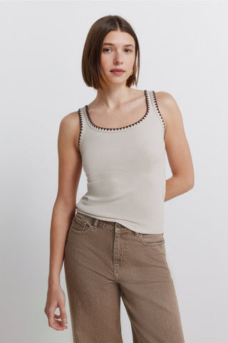 Sleeveless Embroidered Strap Top.