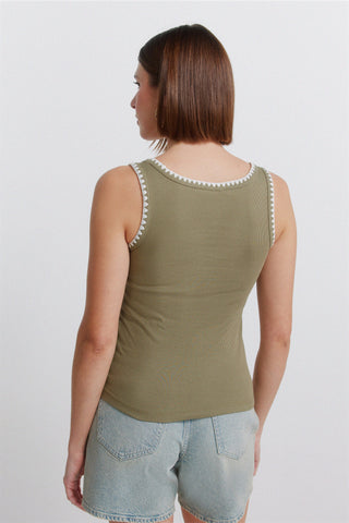 Sleeveless Embroidered Strap Top.