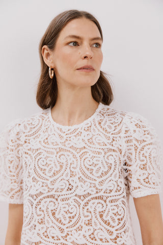 Blusa Manga Corta con Fruncido de Crochet