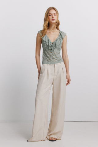Lace Flounce V Neck S/S T-Shirt.