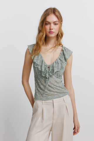 Lace Flounce V Neck S/S T-Shirt.