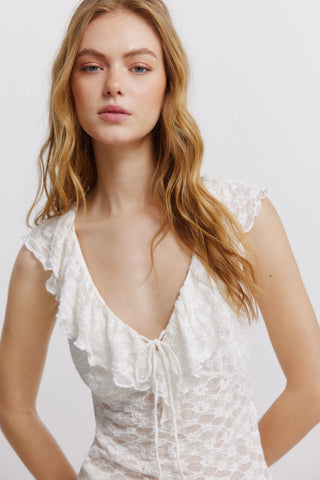 Lace Flounce V Neck S/S T-Shirt.