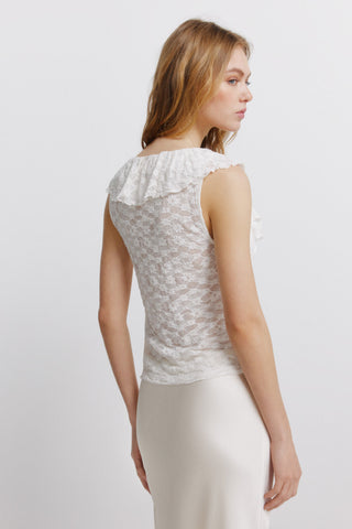 Lace Flounce V Neck S/S T-Shirt.