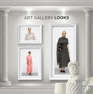 Outfit elegante inspirado en galería de arte con siluetas limpias y tonos neutros