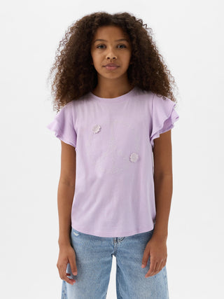 Camiseta Manga Corta con Detalles Flores, Niña