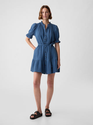 Vestido Denim de Gasa Arrugada