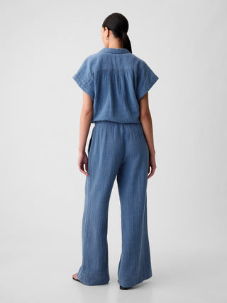 Pantalón Denim con Cintura Elástica Efecto Arrugado