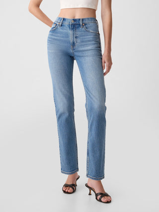 Jeans Rectos Talle Alto con Bolsillos.