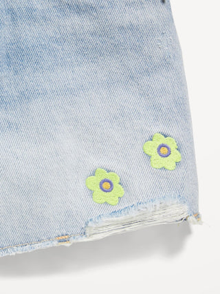 Short Denim Cintura Alta con Bordado Floral, Niña