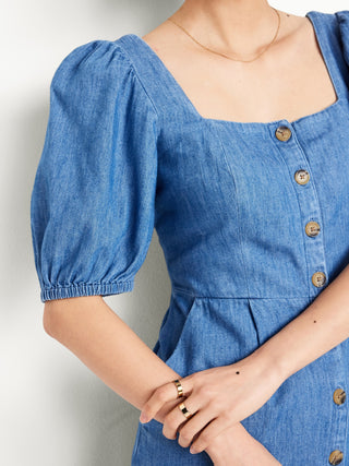 Vestido Denim Escote Cuadrado con Botones