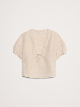 Blusa Manga Corta con Efecto Fruncido de Lino