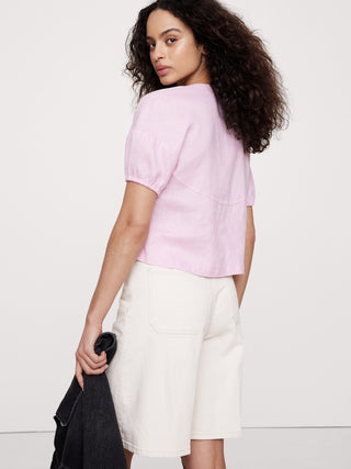 Blusa Manga Corta con Efecto Fruncido de Lino