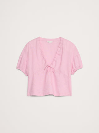 Blusa Manga Corta con Efecto Fruncido de Lino