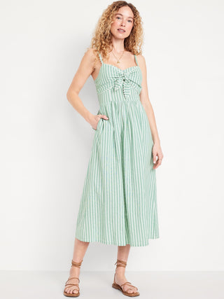 Vestido Midi Escote Corazón de Algodón con Estampado Rayas